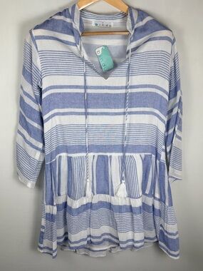 Bindu Morella Blue White Stripe Gauze Cotton Tiered Mini Dress Size Small Beachy